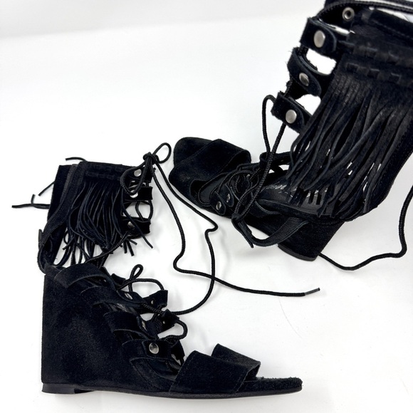 Free People Solstice Suede Fringe Wedge Sandals Black - Picture 5 of 16